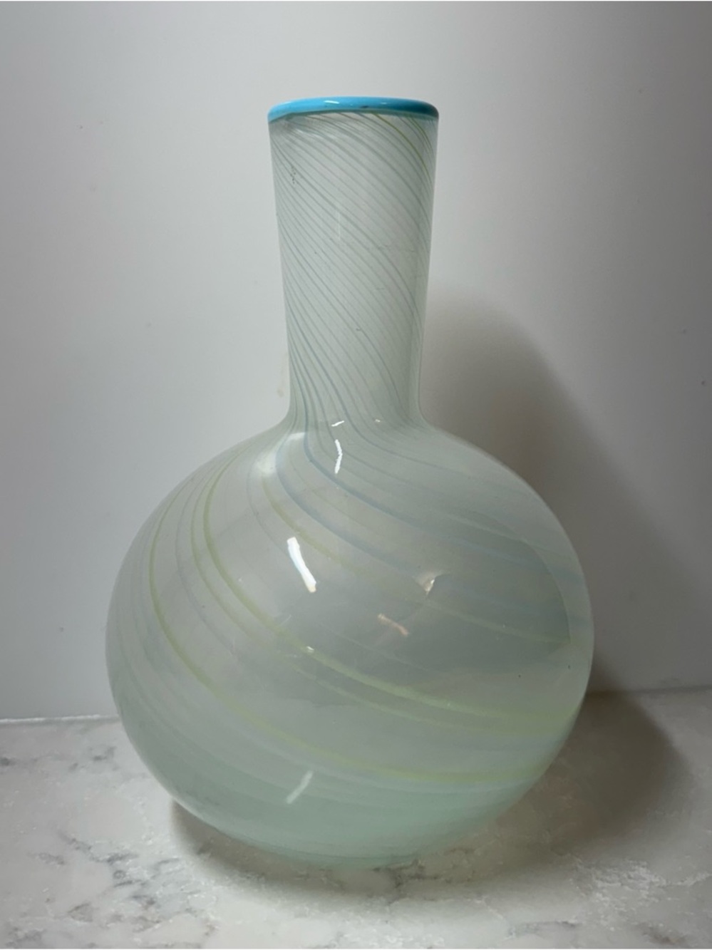 Handblown Swirl Glass Bud Vase in Pale Aqua with Blue Rim
